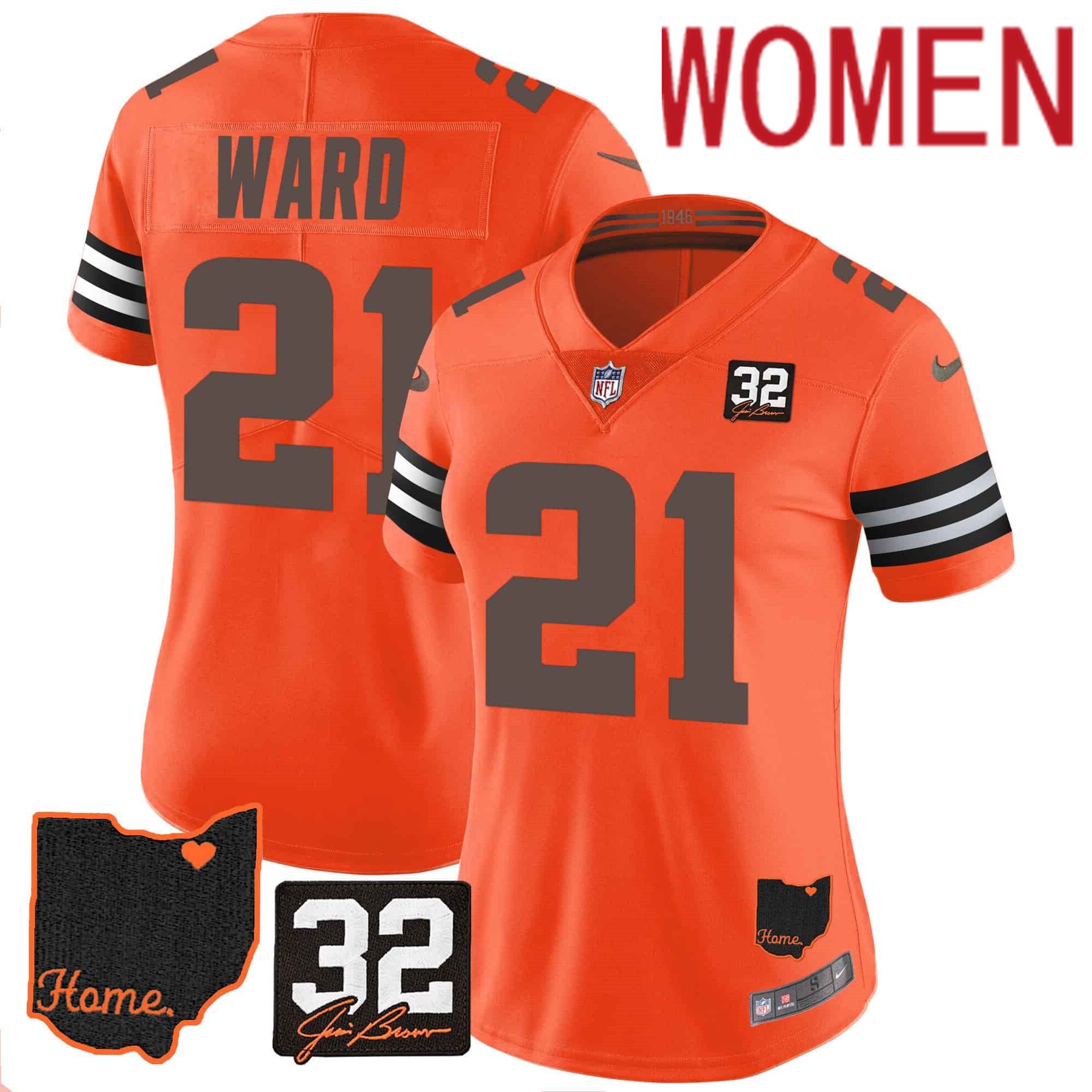 Women Cleveland Browns 21 Ward Orange Memorial Home Patch 2024 Nike NFL Jersey